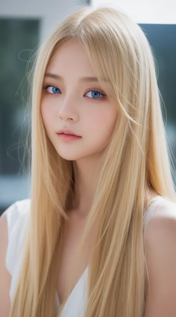 top-quality、​masterpiece、(逼真:1.4)、1 girl in、dazzling blonde hair、Reflected light from hair、very beautiful big blue eyes、frontage...