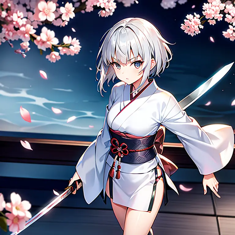 short-hair　silvery hair　samurai　kimono　teens girl　kawaii faces　long blade japanese sword　iaigiri posture for one person