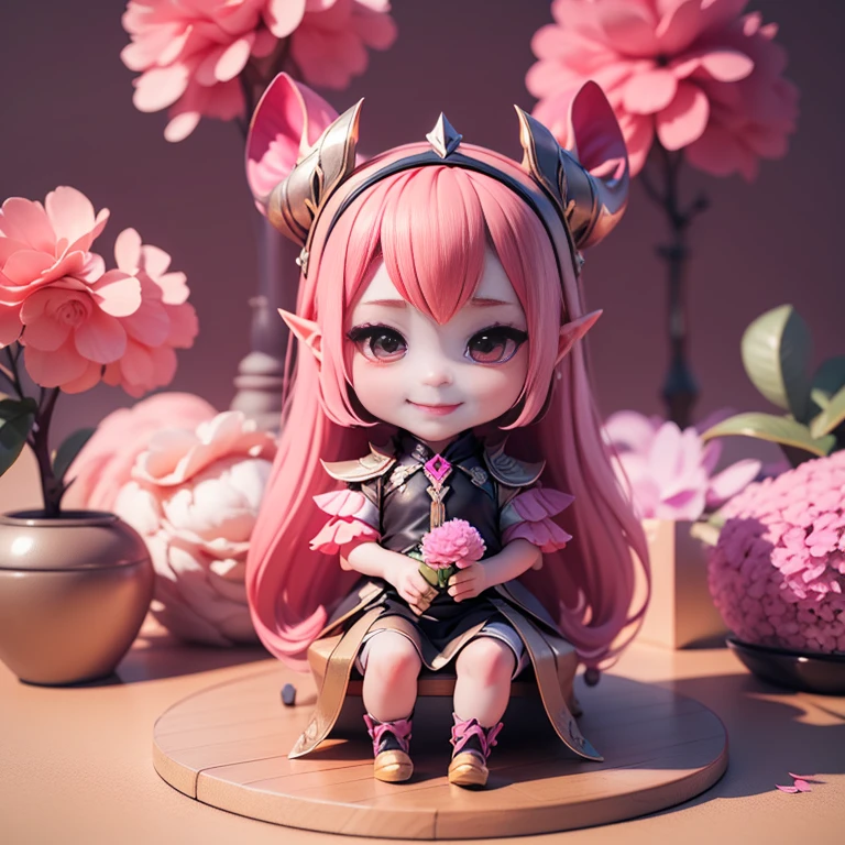 Cute Baby 赤壁 selena mobile legend,(((赤壁 3D))) (最好的品質) (主價)、(赤壁 :1.3)、坐在烟熏粉红色的花朵上、標本、室內植物、張開嘴微笑、珠寶裝飾服飾