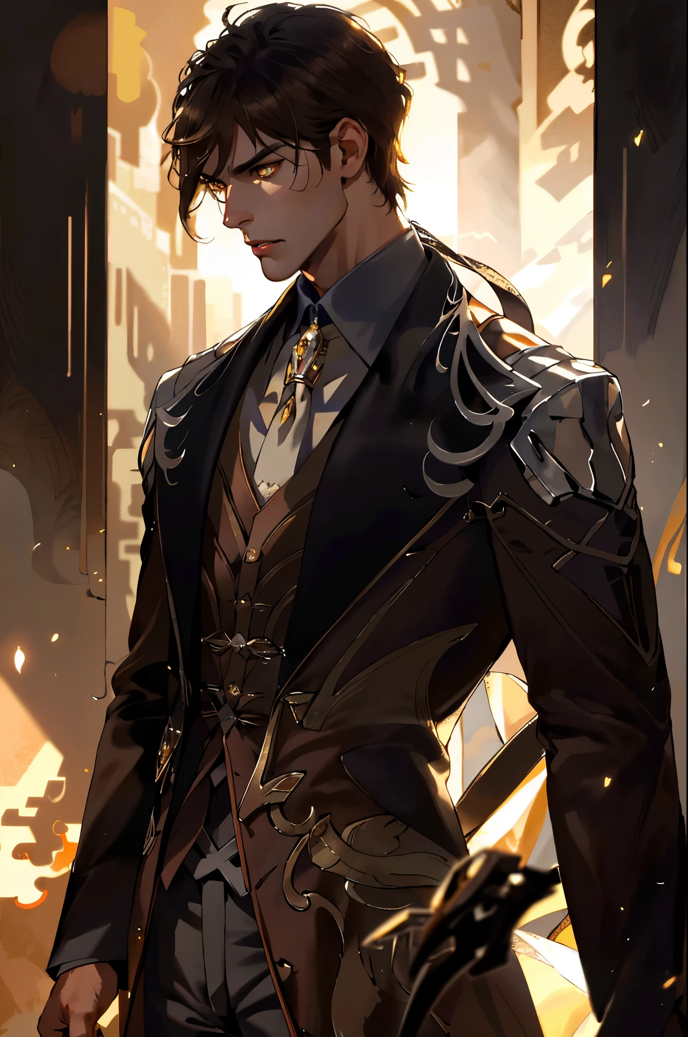 extremely delicate and beautiful, Amazing, finely detail, masterpiece, ultra-detailed, highres,best illustration, best shadow,intricate,sharp focus, high quality, 1 male solo, mature, handsome, tall muscular guy, broad shoulders, brown hair, yellow eyes, brown coat, golden details, cinematic light, dramatic light, cinematic shot, golden earring