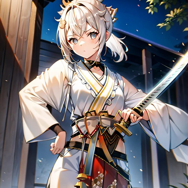 short-hair　Silvery hair　Samurai　Kimono　teens girl　kawaii faces　long blade Japanese sword　Iaigiri posture for one person