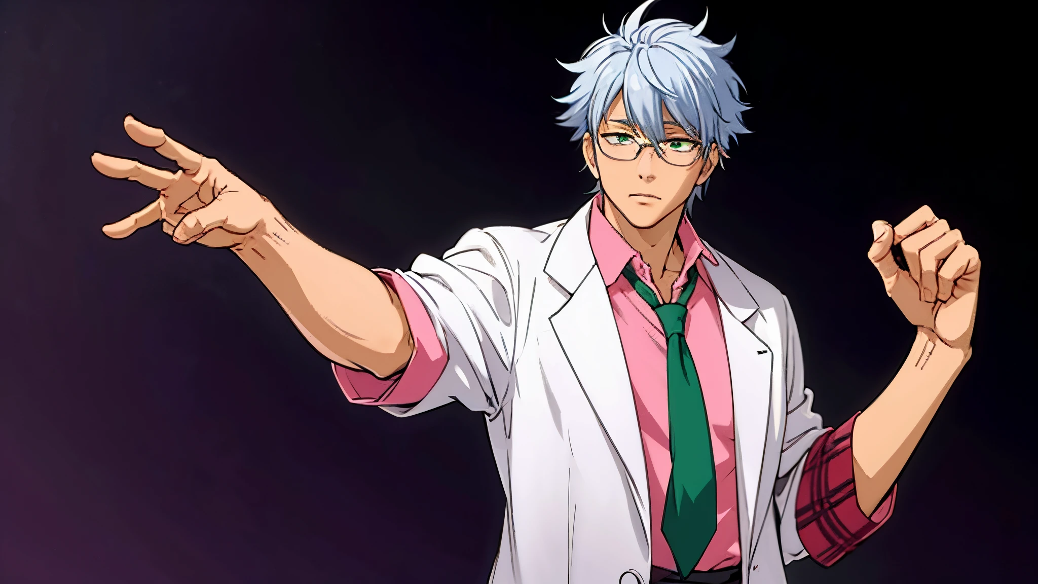 a teacher with a gray hair, he is wearing medical glasses, a lab coat, a green tie and a pink shirt