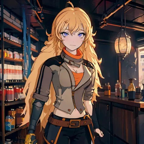 Yang Xiaolong, Yang Xiaolong, Long hair, Blonde hair, (Purple eyes:1.1), Ahoge, Bangs,Breaking cleavage, Jacket, Belt bag, mecha...