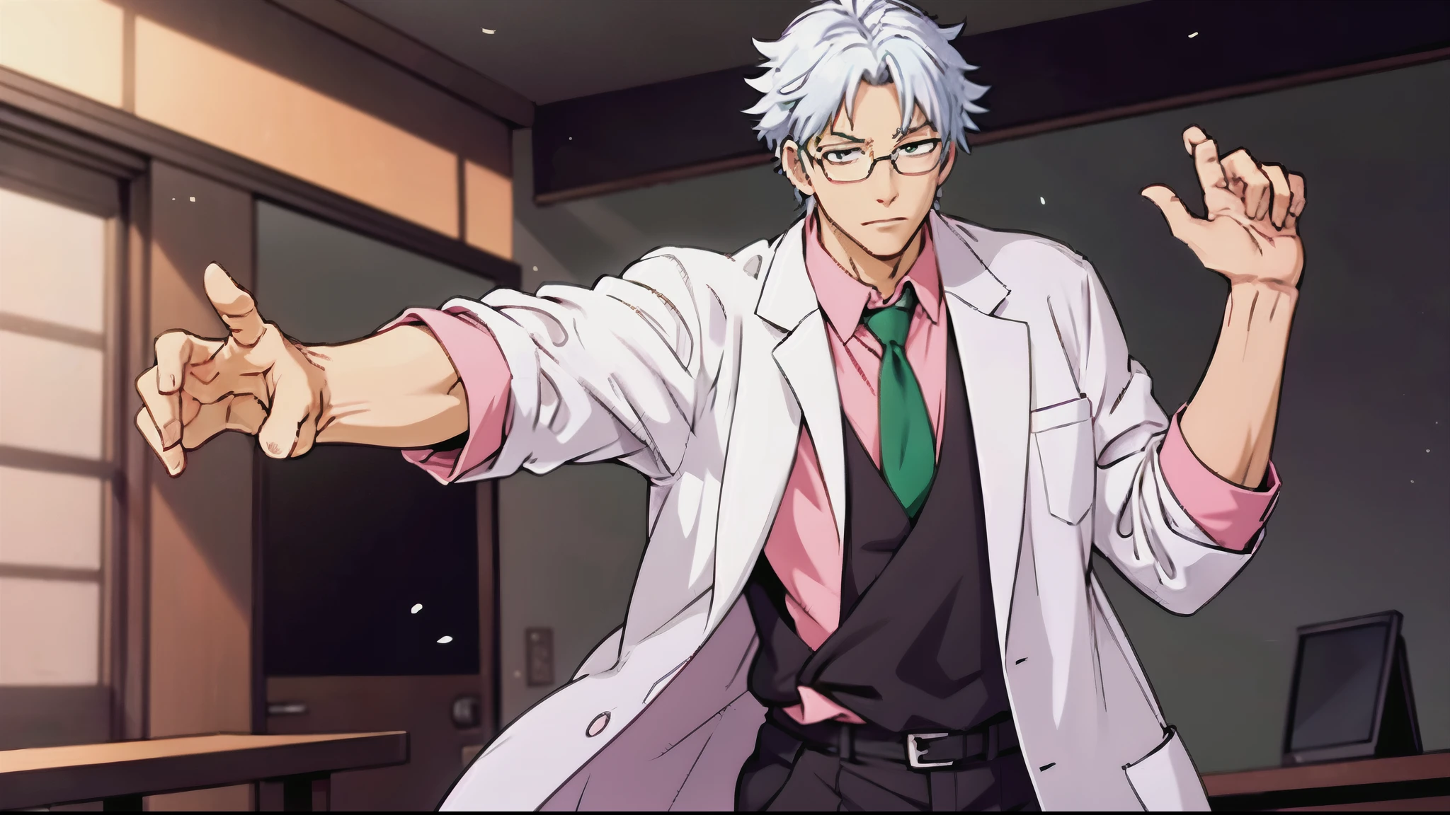 a teacher with a gray hair, he is wearing medical glasses, a lab coat, a green tie and a pink shirt