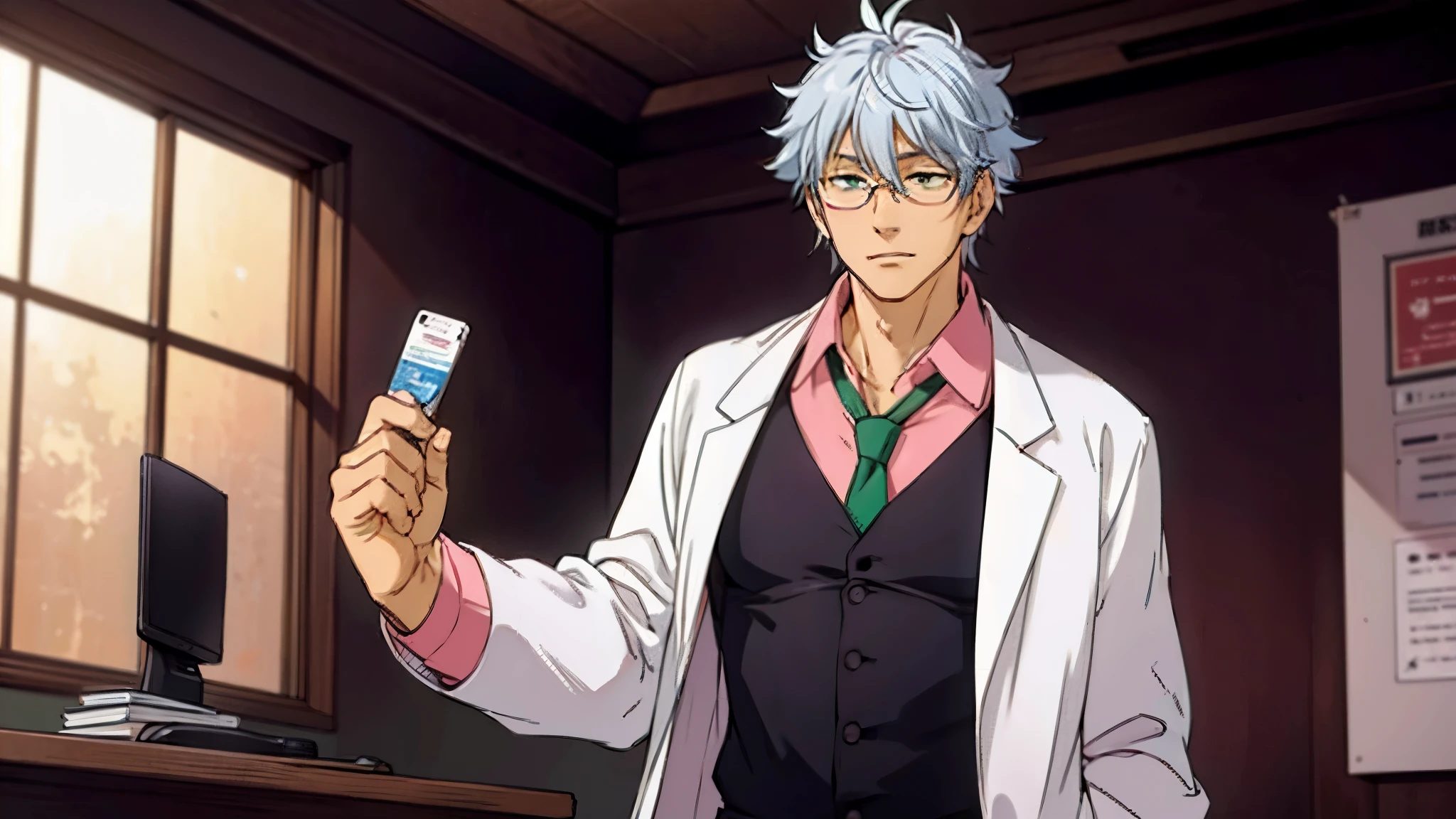 a teacher with a gray hair, he is wearing medical glasses, a lab coat, a green tie and a pink shirt