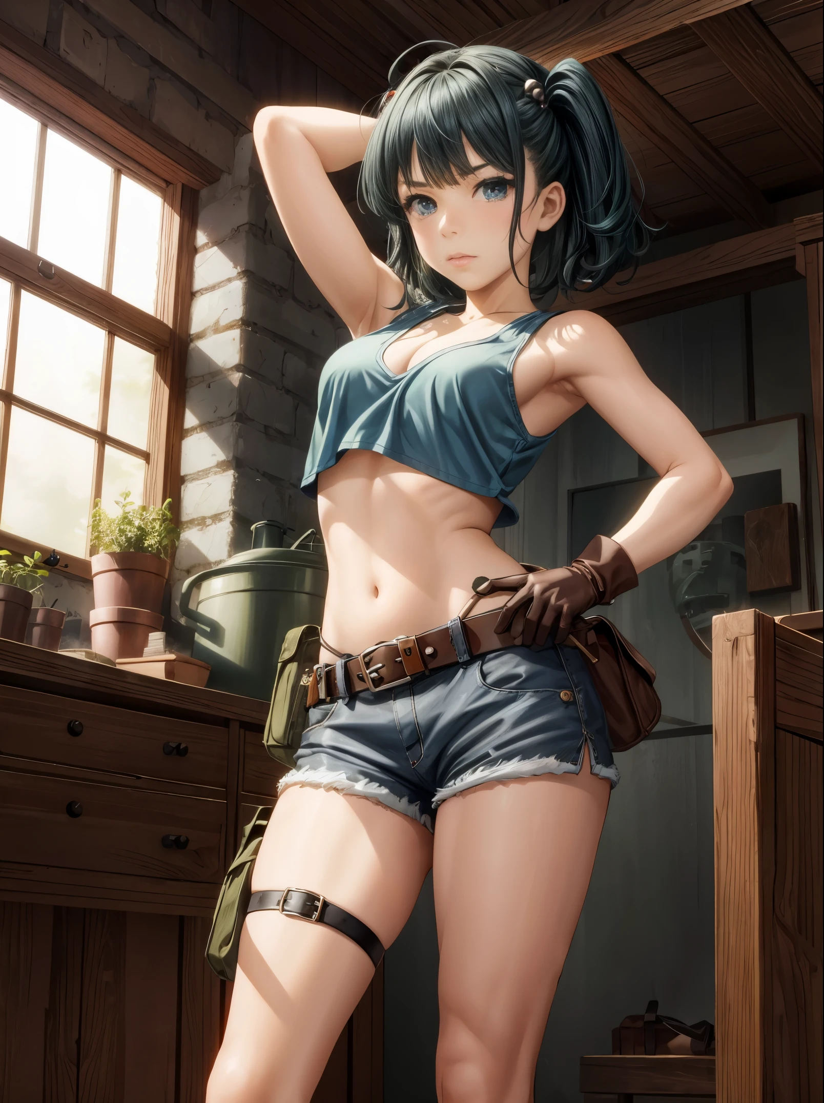 (masterpiece), best quality, expressive eyes, perfect face, 1girl, solo, standing, armpit, kawashiro nitori, scowl face, medium breasts, cleavage, underboob, two side up, hair bobbles, hair ornament, green headwear, hat, tank top, black tank top, crop tank top overhang, no bra, navel, midriff, short shorts, blue shorts, thigh strap, belt pouch, pouch on belt strap, leather gloves, leather boots, indoors, inside machine workshops, sci-fi setting, fantasy settings,