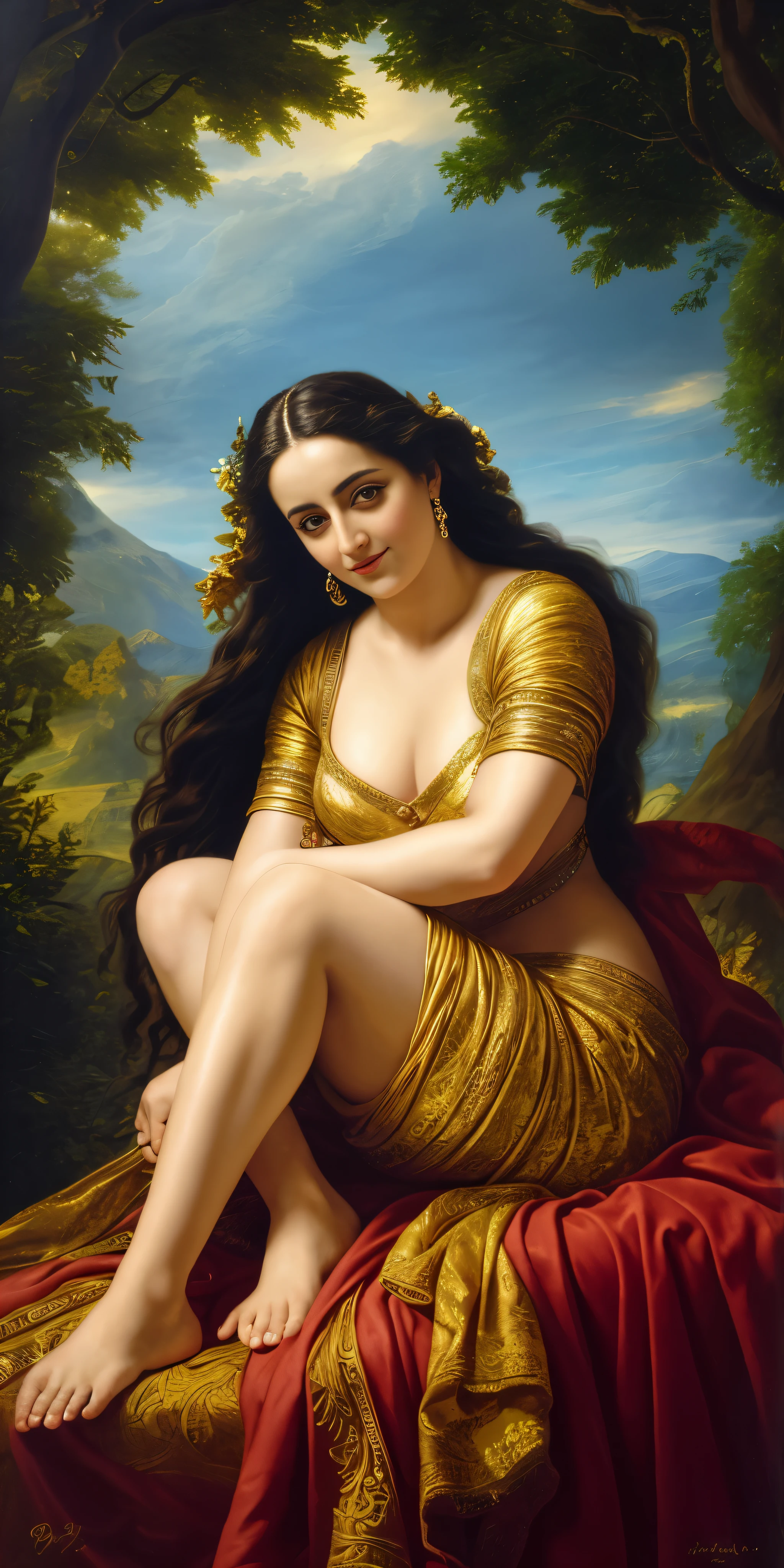 A painting of a woman in a gold dress sitting on a red blanket - SeaArt AI