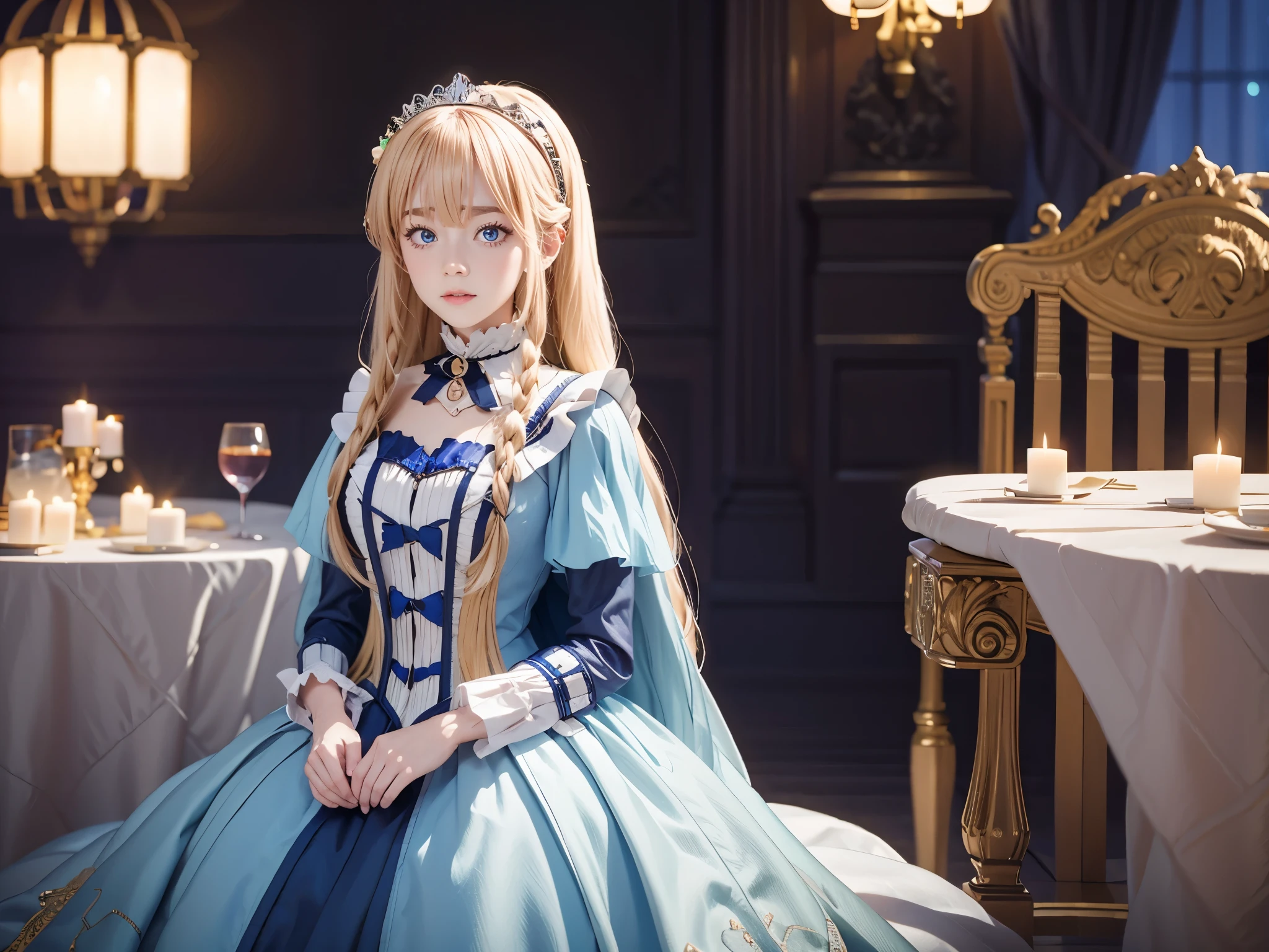 Raw Photography, High Resolution, Realistic, Masterpiece, 16 year old, Mia Luna Tearmoon, Looking at Viewer, Solo, Full Body Shot, Victorian Era, Garden Mansion, Detailed cute and beautiful face, White shiny skin, bangs, Blonde Super Long Straight Silky Hair, finer hair, Blue Eyes, Crown