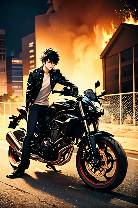 teenaged emo boy with a black sportsbike with red rims wearing a leather jacket,white shirt,black pants,and white shoes with bla...