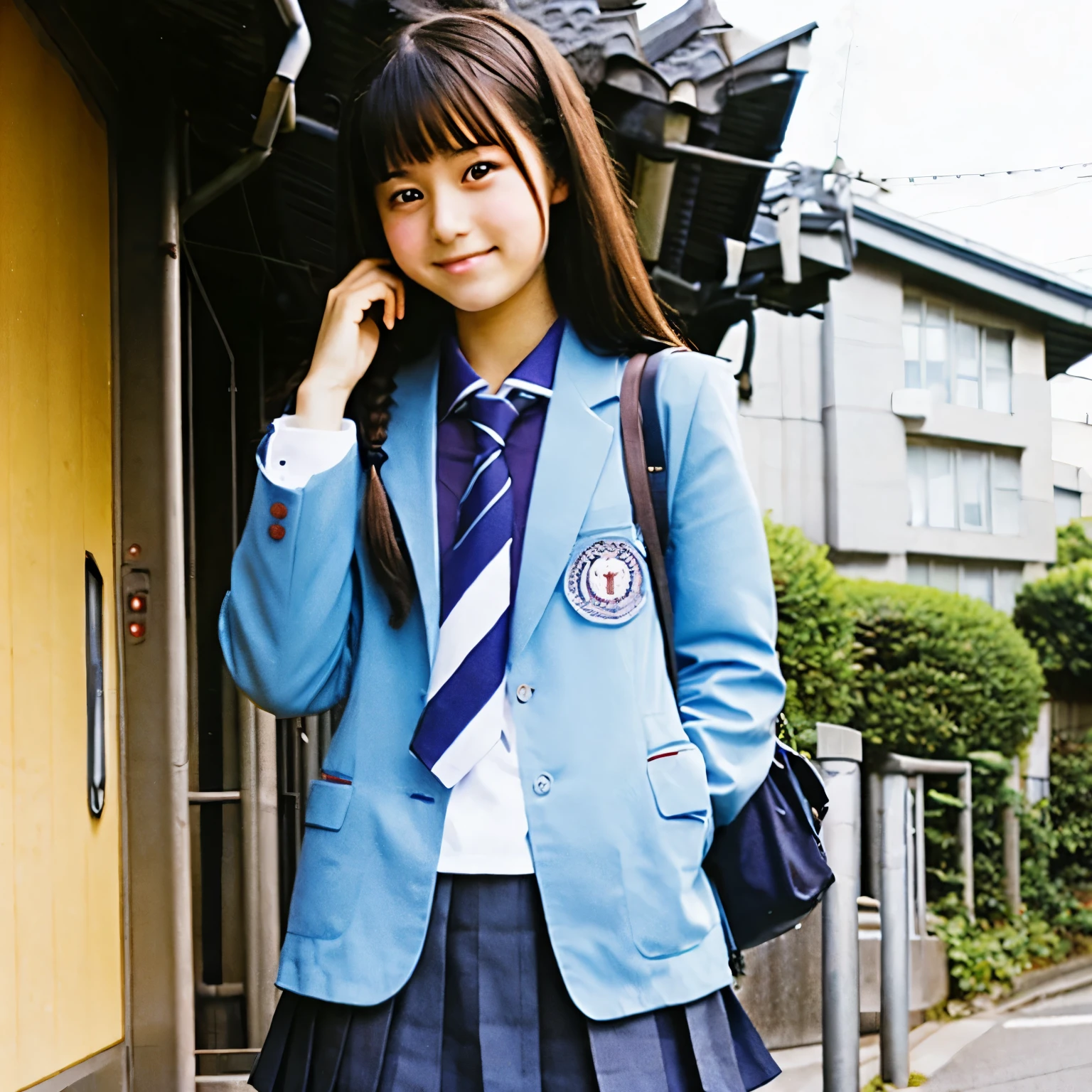 Arafed asian girl in school uniform talking on a cell phone - SeaArt AI