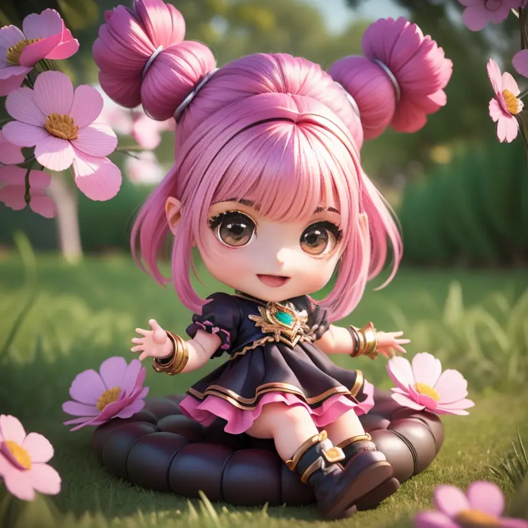 cute baby chibi selena mobile legend,(((chibi 3d))) (best quality) (master price)、(chibi :1.3)、sitting on smoky pink flowers、spe...