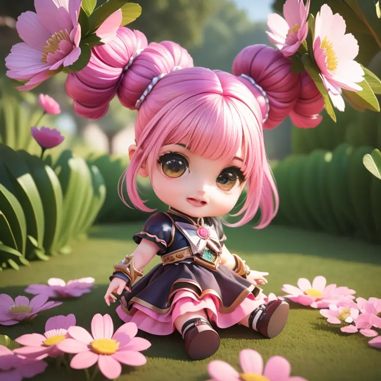 cute baby chibi selena mobile legend,(((chibi 3d))) (best quality) (master price)、(chibi :1.3)、sitting on smoky pink flowers、spe...