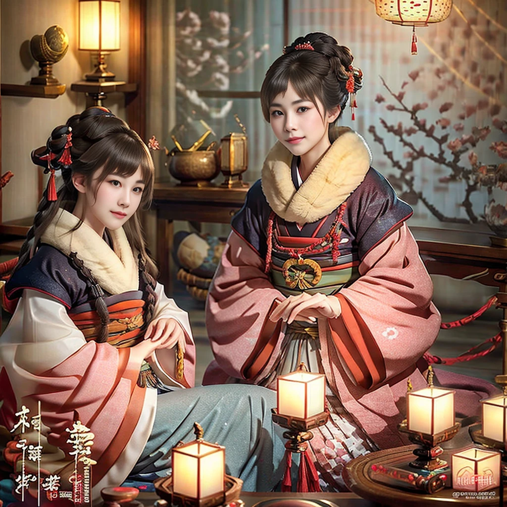 winter new year event announcement poster, (Best Quality,Photorealistic),Solo,beautiful japanese female,Traditional kimono,Natural posture,Gentle smile,Impressive gaze,Traditional hairstyle,Tatami room at dusk,Sitting by the window,Illuminated by city lights,(Engaging pose),Professional Photographer,Shallow depth of field,Backlight, Leaning forward, In a pose that looks like sitting straight facing the front., Hands on the floor, Tilt your head and look up, Smiling face, I would like to thank the viewers., within the screen「Wish you a happy new year！」enter the text characters of