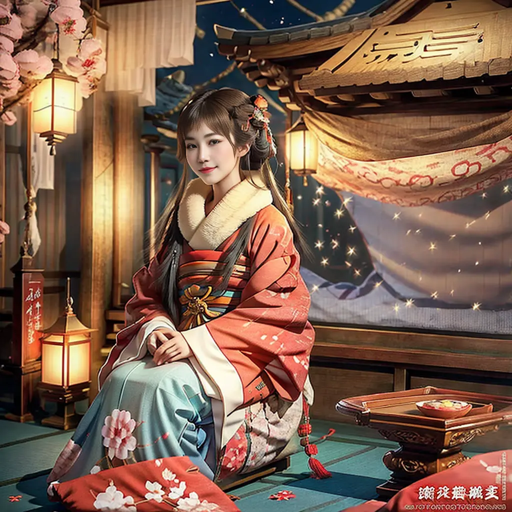 winter new year event announcement poster, (Best Quality,Photorealistic),Solo,beautiful japanese female,Traditional kimono,Natur...