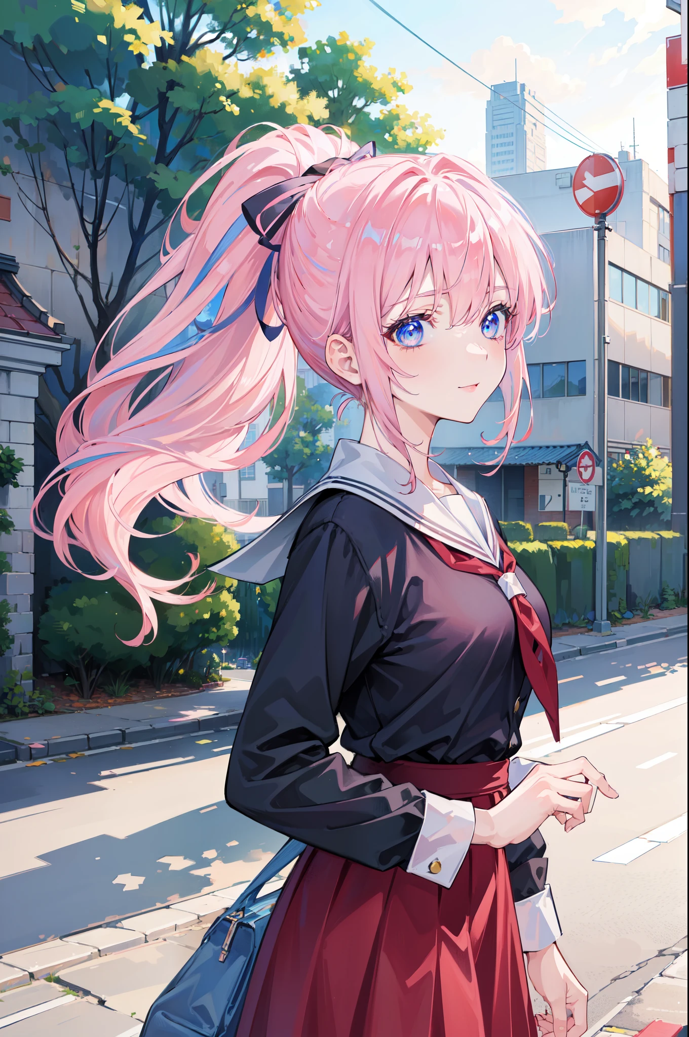 (((masterpiece))), 4k res, highly detailed, (((extremely detailed eyes))), detailed background, crystal clear eyes, high quality, 1girl, solo, anime girl, best quality, highres, ultra-detailed, beautiful, 8k, sunray, ponytail, pink hair, blue vibrant eyes, school uniform, streets, Miyako Shikimori, close up view, smile