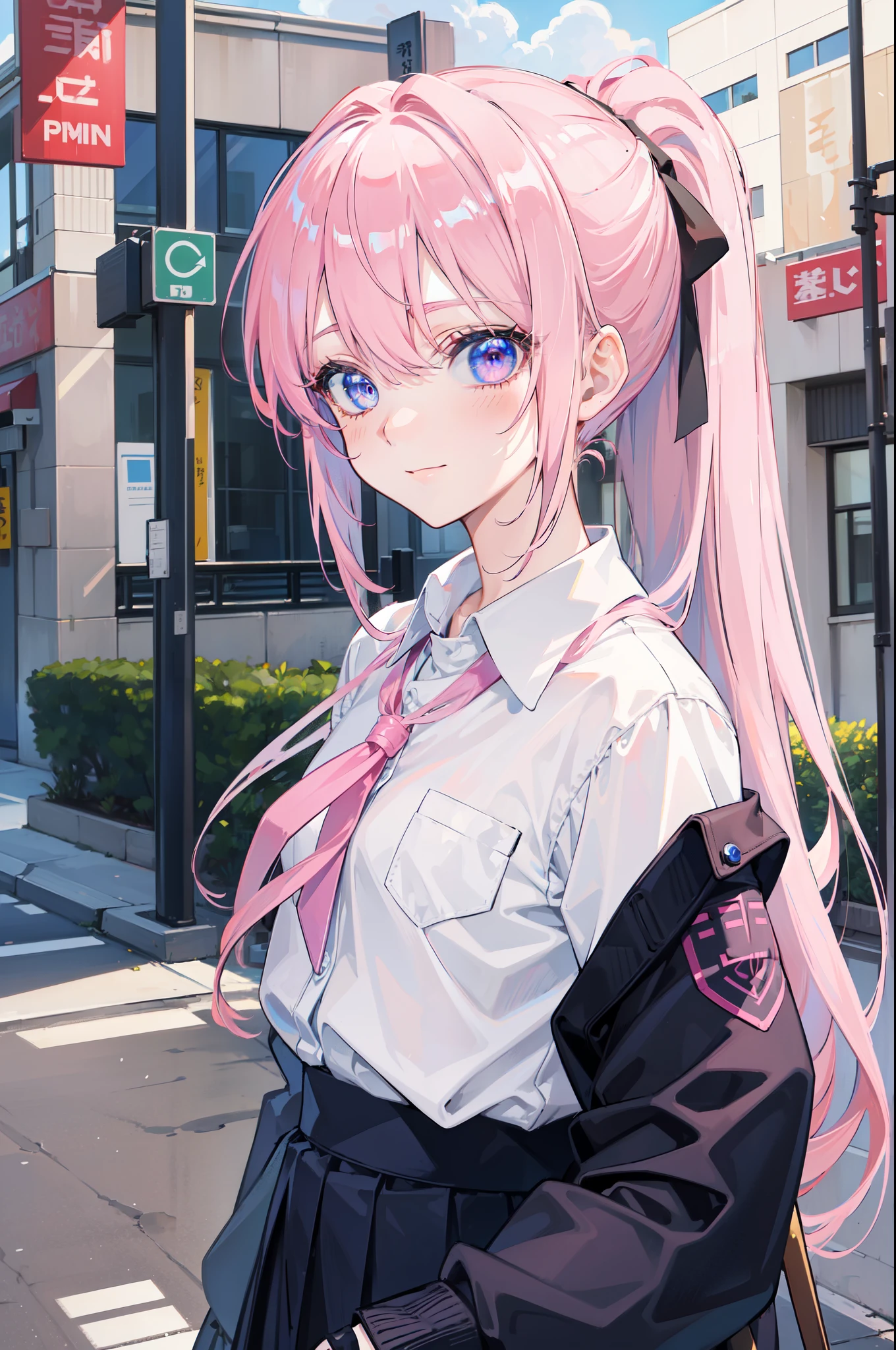 Anime girl with pink hair and blue eyes standing on a street 