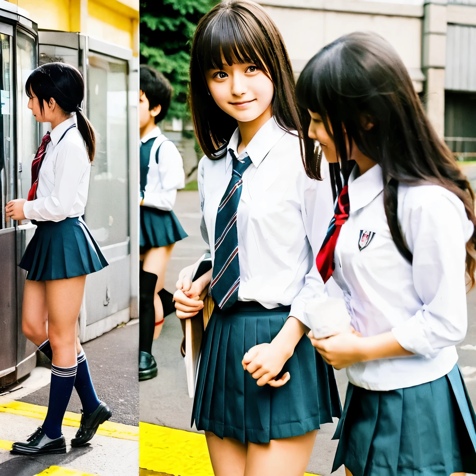 There are two girls in school uniforms standing on the street - SeaArt AI