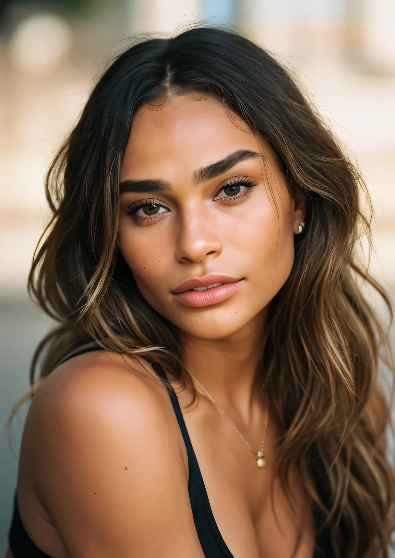 A woman with long hair and a black top posing for a picture - SeaArt AI