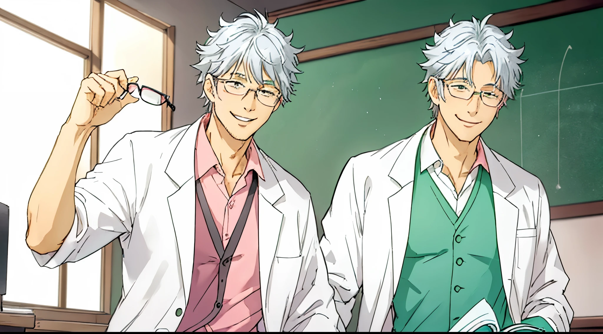 a happy teacher with a gray hair, he is wearing medical glasses, a lab coat, a green tie and a pink shirt, he is smiling