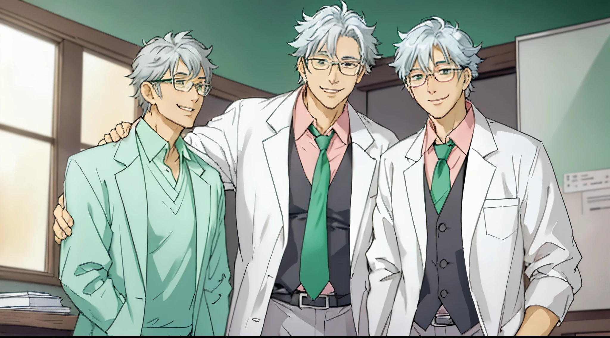 a happy teacher with a gray hair, he is wearing medical glasses, a lab coat, a green tie and a pink shirt, he is smiling