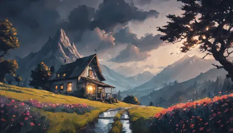 beautiful rainy night, mountains, a dream house, night, calm, alone, art, realistic, hyper-realistic, highly detailed, realism, ...