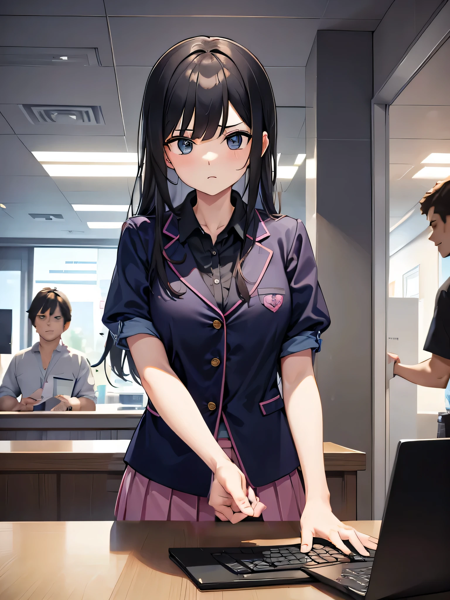 Anime girl in uniform standing in front of a laptop computer - SeaArt AI