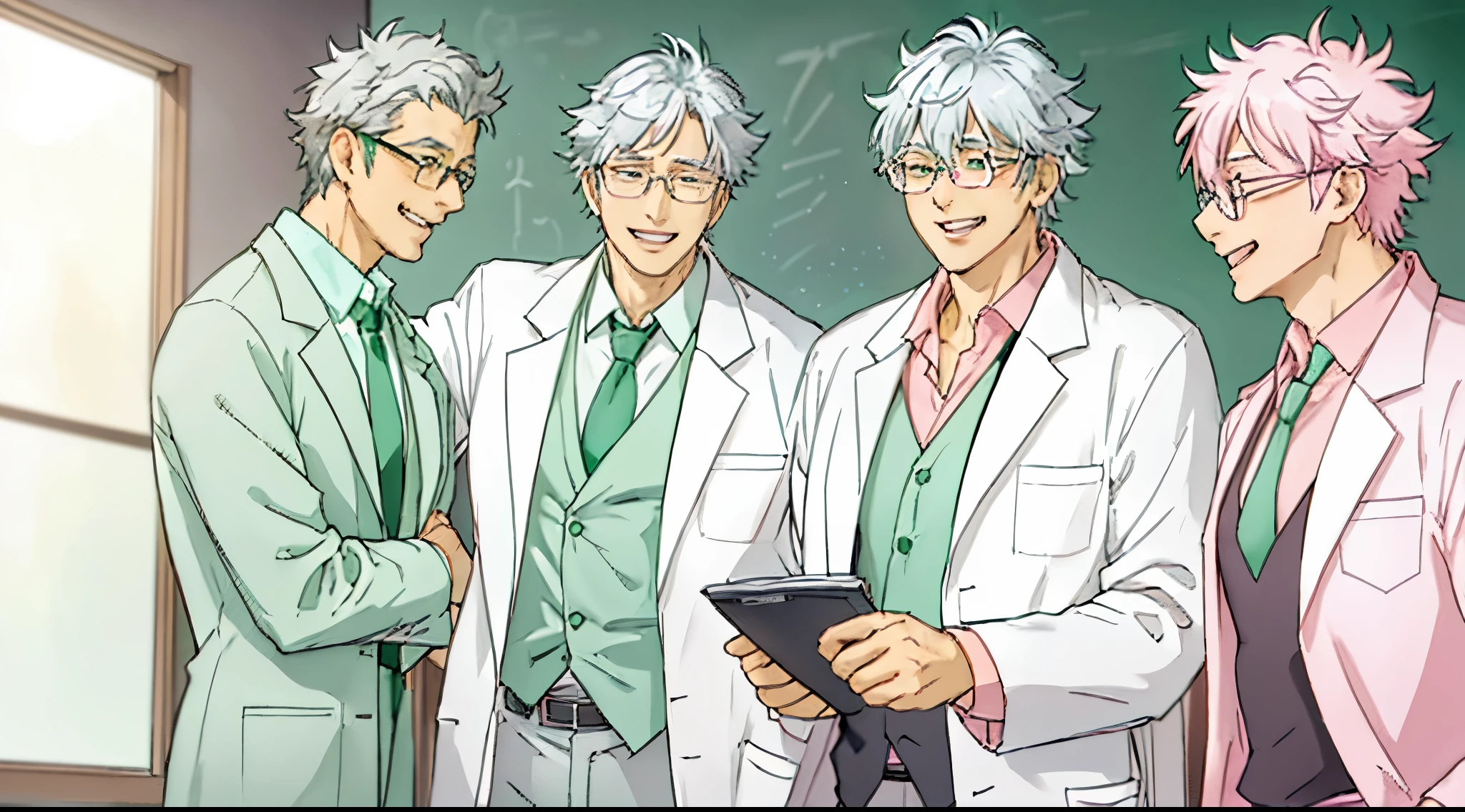 a teacher with a gray hair, he is wearing medical glasses, a lab coat, a green tie and a pink shirt, he is laughing hysterically,  his mouth wide open, his hand is placed on his chest as he laughed