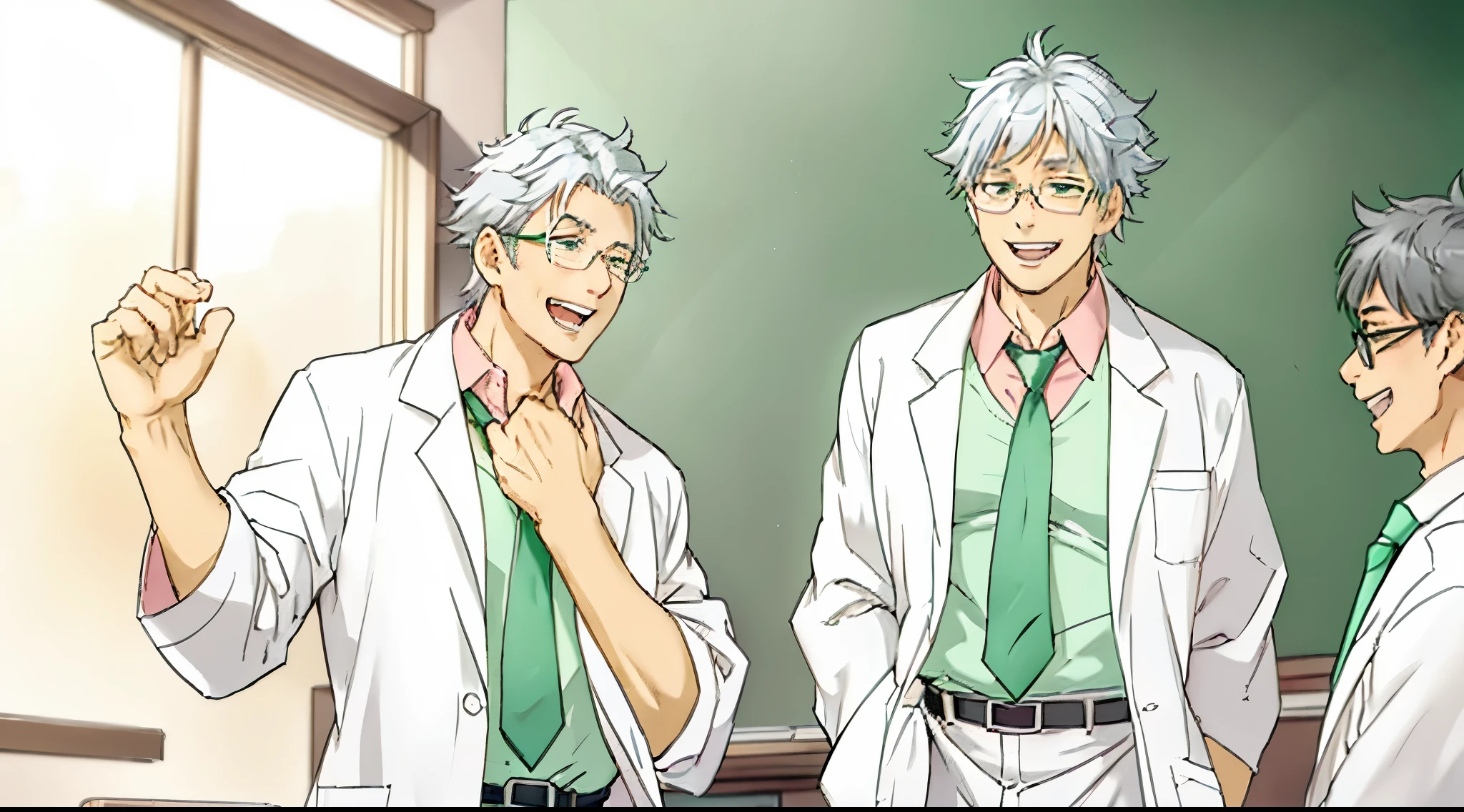 a teacher with a gray hair, he is wearing medical glasses, a lab coat, a green tie and a pink shirt, he is laughing hysterically,  his mouth wide open, his hand is placed on his chest as he laughed