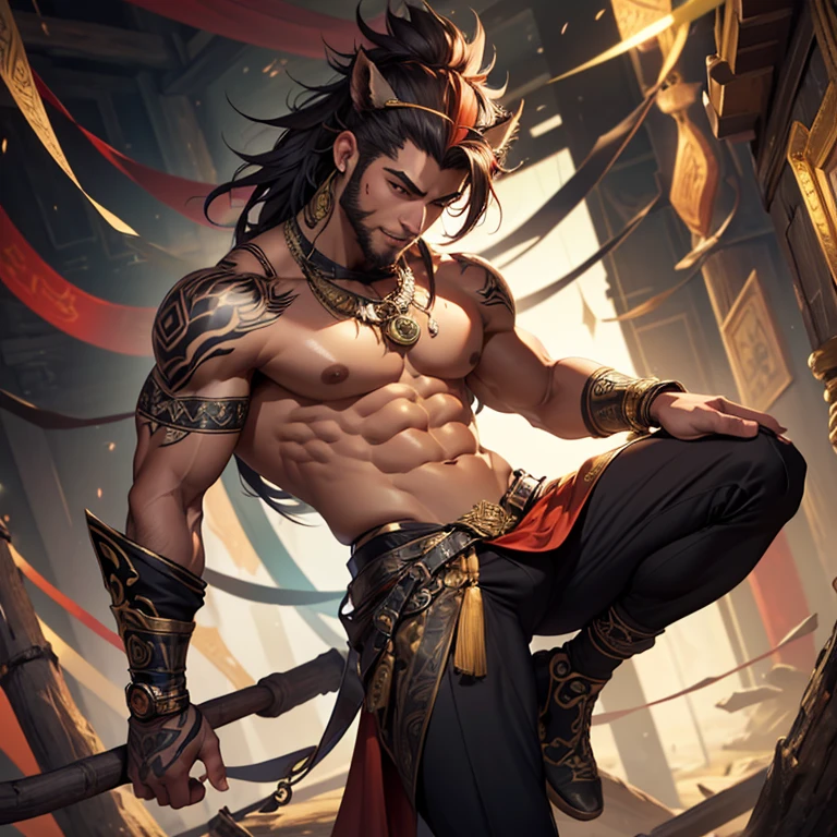 (masterpiece,High quality,Top quality,super detail, best quality ,)hair detail ,skin details,body details,facial details,full body view,1 man,wukong,handsome,Tall body,blackjack,