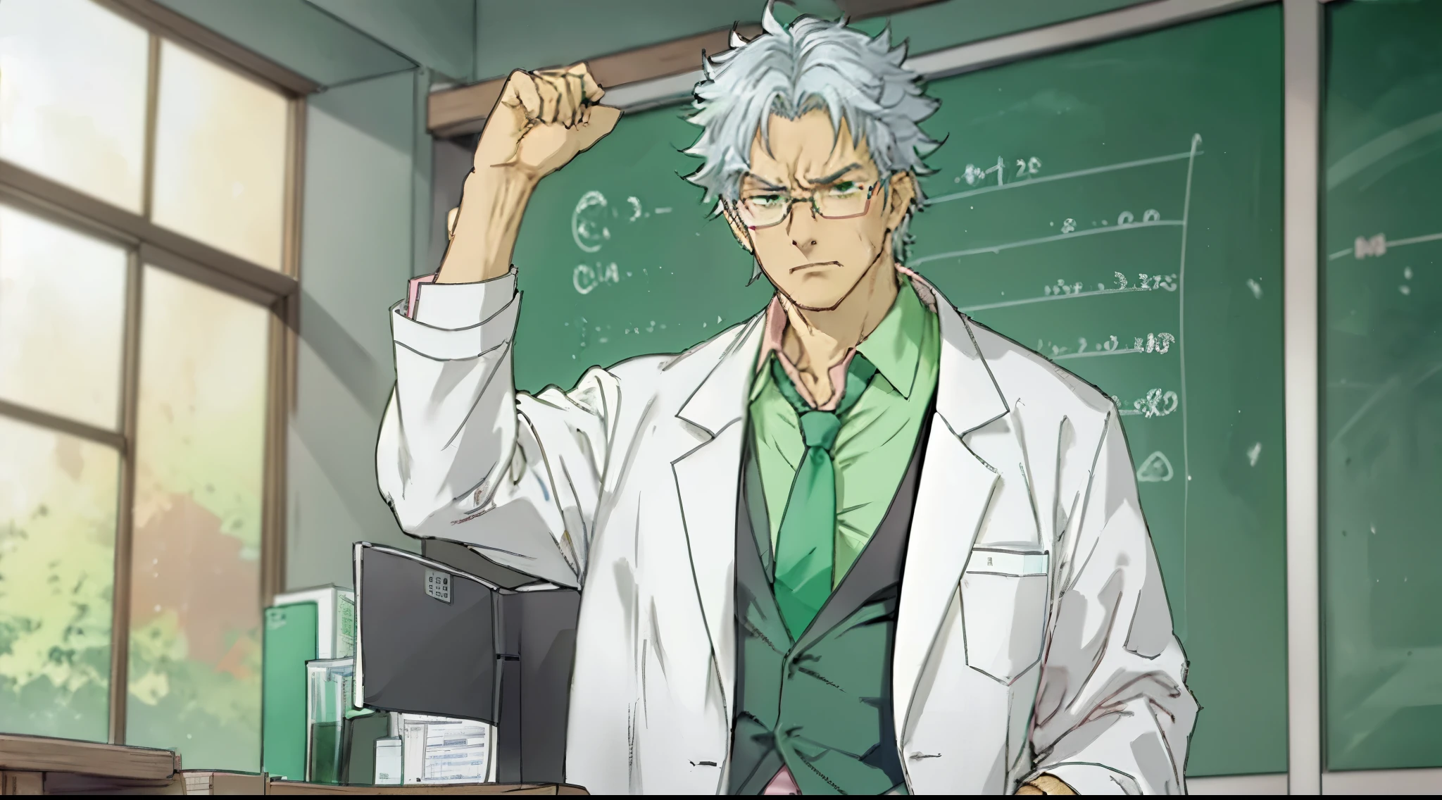 a teacher with a gray hair, he is wearing medical glasses, a lab coat, a green tie and a pink shirt, he is angry and pissed off, he is doing a facepalm
