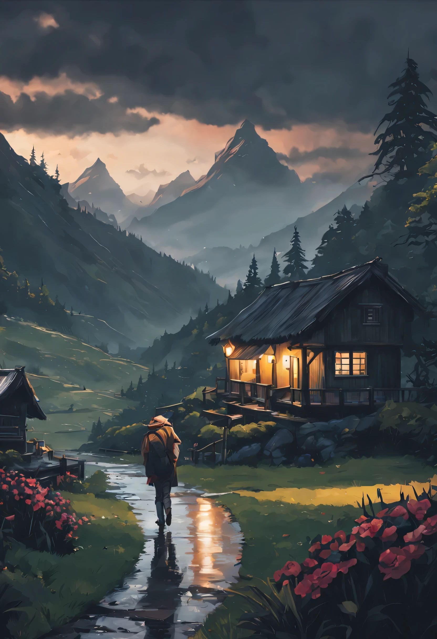 beautiful rainy day, mountains, a dream house, night, calm, alone, art, realistic, hyper-realistic, highly detailed, realism, 32k, photography, hdr, 1080p, cinematic, Hyperrealistic, splash art, concept art, fictional environment, mid shot, intricately detailed, colour depth, dramatic, side light, colourful background, beautifully shot, perfect composition, atmospheric, moody, happy,