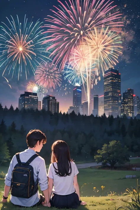 On the hillside, A couple watching fireworks in the distance, The background is high-rise buildings.