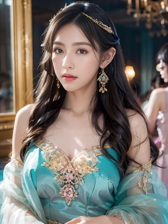 best qualtiy， tmasterpiece， Ultra-high resolution， （realisticlying：1.5）， RAW photogr， 1girll, silber hair, long hair，hair adornment shoulders，Cold and glamorous，Raised sexy，Cyan and pink tulle dress, Detailed scenes, amazing pose, Eye-catching accessories, Picturesque