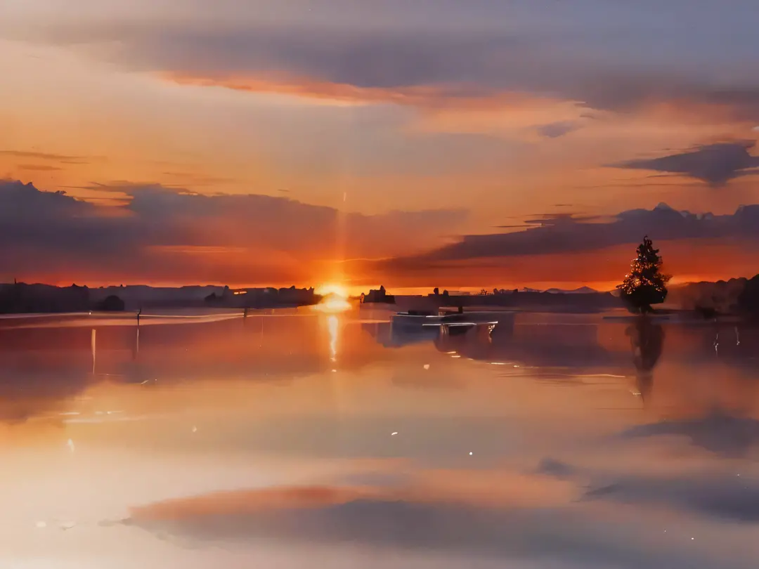 year-end sunset scene, peaceful, warm, best quality, super detailed