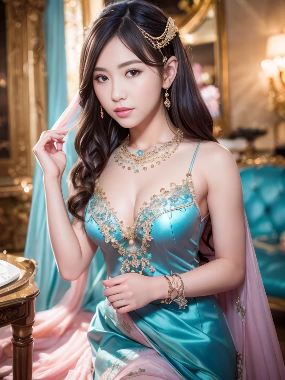 best qualtiy， tmasterpiece， Ultra-high resolution， （realisticlying：1.5）， RAW photogr， 1girll, silber hair, long hair，hair adornment shoulders，Cold and glamorous，Raised sexy，Cyan and pink tulle dress, Detailed scenes, amazing pose, Eye-catching accessories, Picturesque