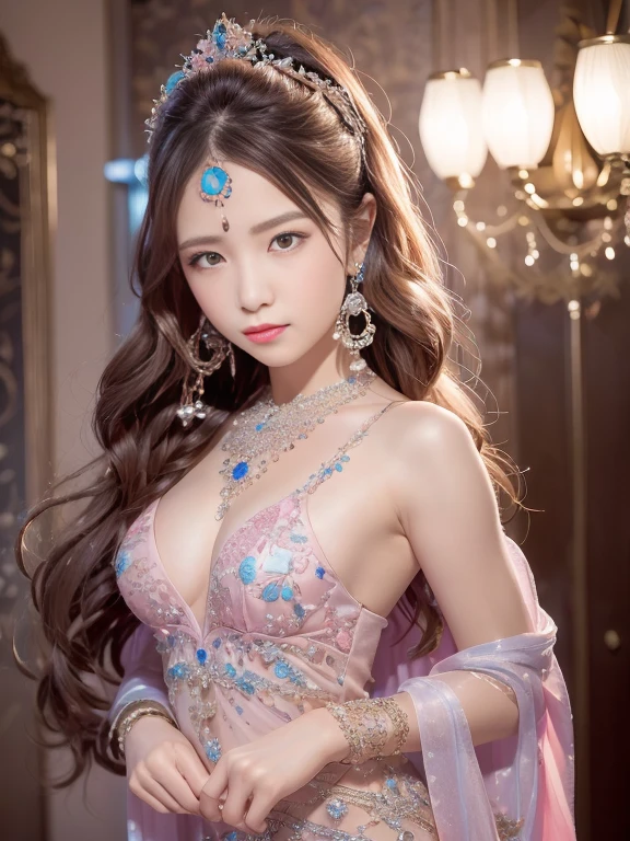 best qualtiy， tmasterpiece， 超高分辨率， （realisticlying：1.5）， RAW photogr， 1girll, silber hair, long hair，hair adornment shoulders，Cold and glamorous，Raised sexy，Cyan and pink tulle dress, Detailed scenes, amazing pose, Eye-catching accessories, Picturesque