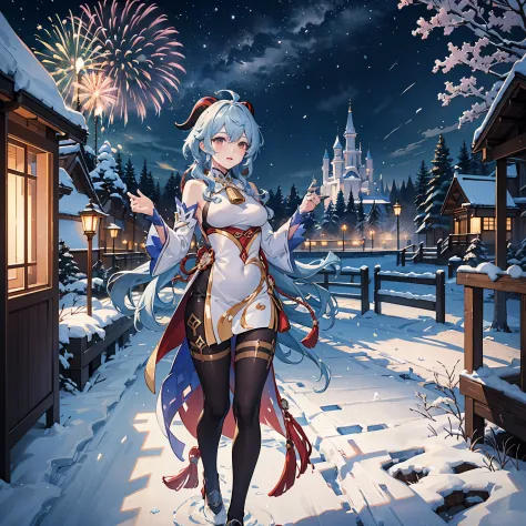 portrait,landscape,painting,illustration,ganyu \(genshin impact\),Winter snowflakes fluttering,festive atmosphere,(grand firewor...