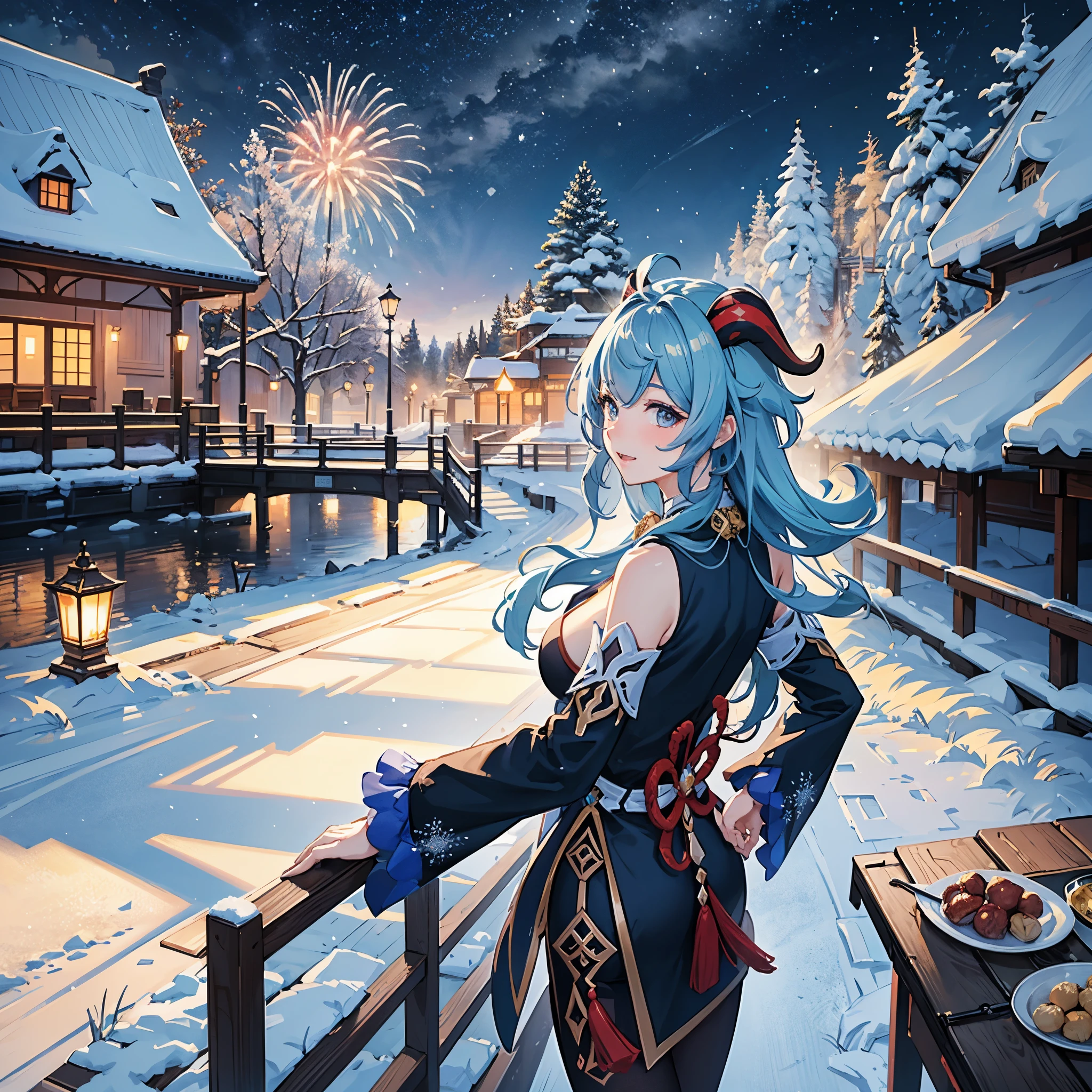 portrait,paysage,Peinture,illustration,embauché \(impact genshin\),Flocons de neige d&#39;hiver flottant,Ambiance festive,(grand feu d&#39;artifice dans le ciel nocturne),Feux d&#39;artifice étincelants,couleurs fascinantes,ambiance romantique,conception architecturale étonnante,Étoiles scintillantes,célébration de la nouvelle année,sentiment d&#39;excitation accablant,moment magique,composition inspirante et artistique. Meilleure qualité,4k,8k,haute résolution,chef-d&#39;œuvre:1.2,ultra-détaillé,Réaliste:1.37,