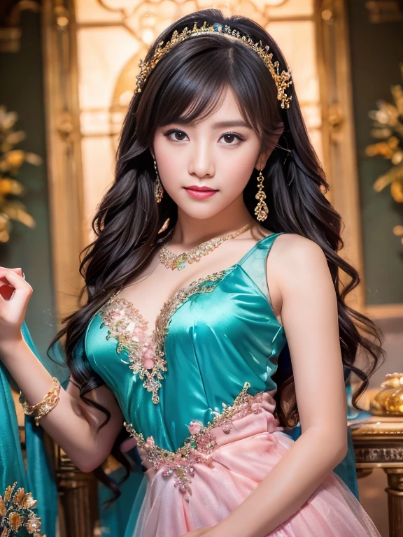 best qualtiy， tmasterpiece， Ultra-high resolution， （realisticlying：1.5）， RAW photogr， 1girll, silber hair, long hair，hair adornment shoulders，Cold and glamorous，Raised sexy，Cyan and pink tulle dress, Detailed scenes, amazing pose, Eye-catching accessories, Picturesque