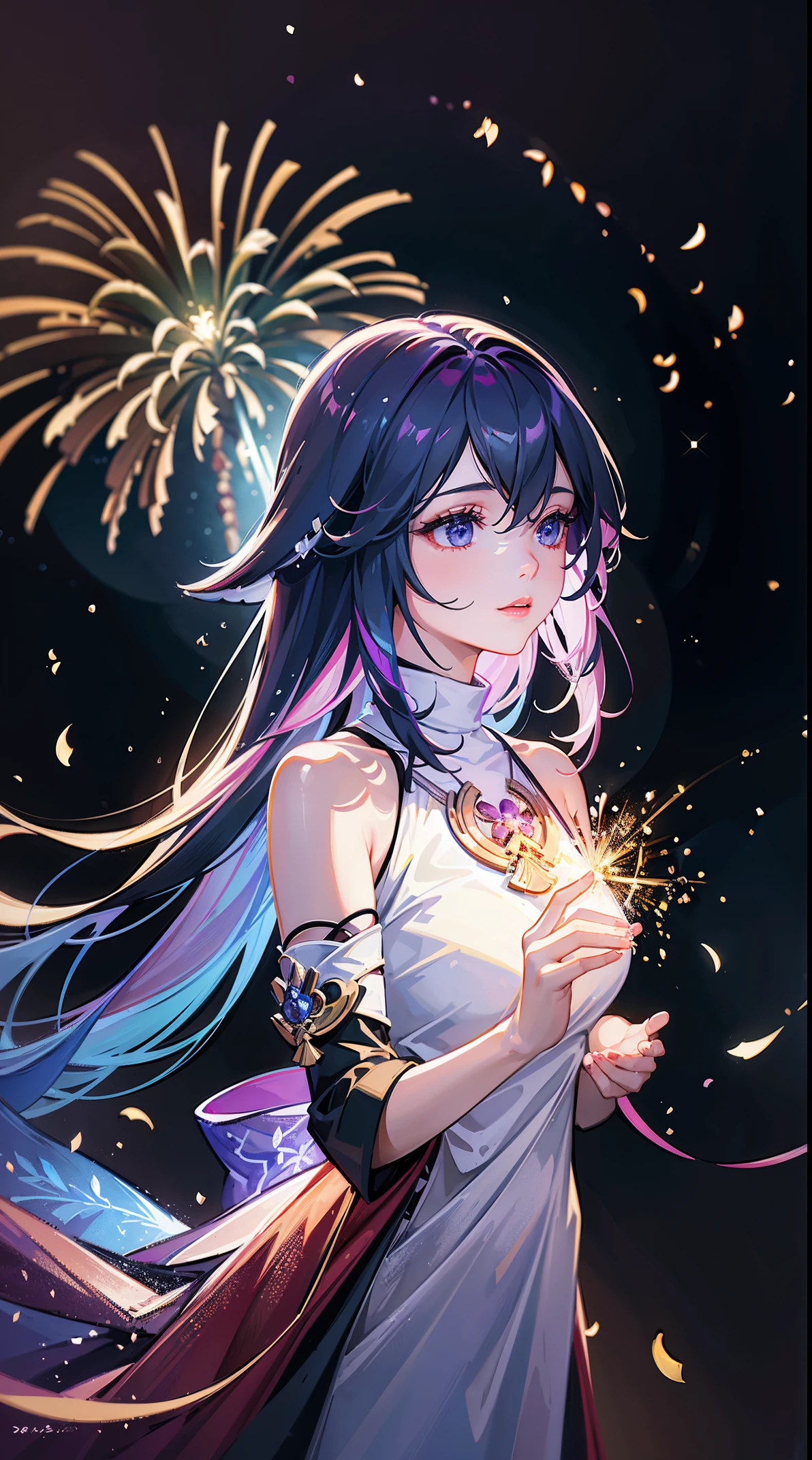 (best quality,4k,8k,highres,masterpiece:1.2),ultra-detailed,(realistic,photorealistic,photo-realistic:1.37),colorful, vibrant, absolutely stunning, breathtaking A magical New Year's Eve sky filled with an extravagant fireworks display, featuring bursts of vibrant colors and mesmerizing patterns. The night is illuminated by the dazzling lights, creating a whimsical and enchanting atmosphere. The fireworks paint the sky with a plethora of hues, from brilliant blues to vibrant purples, creating a truly mesmerizing spectacle. The cute girl stands in awe, her eyes filled with wonder and joy as she gazes up at the sparkling sky. Her radiant smile lights up the night as she embraces the magical atmosphere around her. The fireworks themselves are created with meticulous detail, each explosion capturing the imagination with its intricate shapes and dazzling brilliance. As they burst in the air, they leave behind trails of shimmering sparks that gradually fade into the darkness, adding a touch of ephemeral beauty to the scene. The entire composition is infused with an otherworldly, psychedelic style, blurring the boundaries between reality and dreams. The colors blend and melt into one another, creating a surreal and immersive experience. The whimsical elements of the scene transport the viewer into a fairy tale world, where anything is possible. The overall lighting of the scene is carefully designed to enhance the magic and beauty of the moment. Soft, warm spotlights illuminate the girl's face, highlighting her features and emphasizing her expression of awe and wonder. The radiant glow from the fireworks casts a mesmerizing glow on her, creating a dreamlike aura around her. This piece of art is a celebration of joy, wonder, and the beauty of the New Year's Eve. It captures the essence of the magical atmosphere and invites viewers to immerse themselves in the enchantment of the moment.