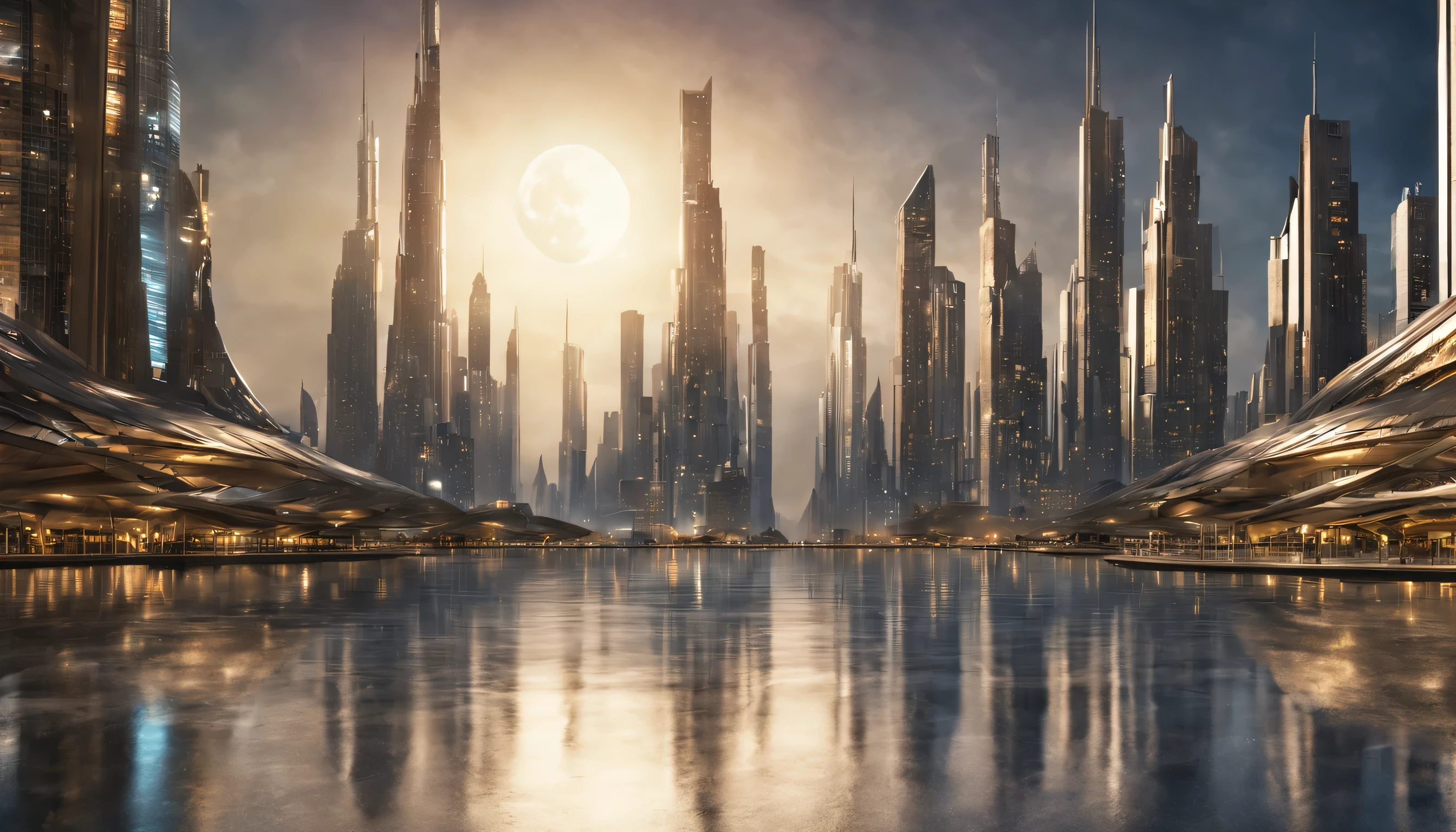 Es de noche, Auf einem unbekannten Planeten existiert eine futuristische Stadt mit riesigen technologisch gestalteten Gebäuden, die eine unendliche Allee bilden.., mit silberglasierten Strukturen, spektakuläres Gold und Bronze. mit leuchtenden Farben. Verschmutzter Boden. Menschen gehen. bestimmte Luft zu Coruscant. vom Mondlicht beleuchtet, All dies in einer erstklassigen Science-Fiction-Umgebung, alles voller Fantasie,Science-Fiction und (komplizierte Details der Maschine).fotorealistisches Bild,maximale Schärfe, 8K-Qualität.(Meisterwerk von höchster Qualität).(3D-Rendering). Meisterwerk von höchster Qualität.