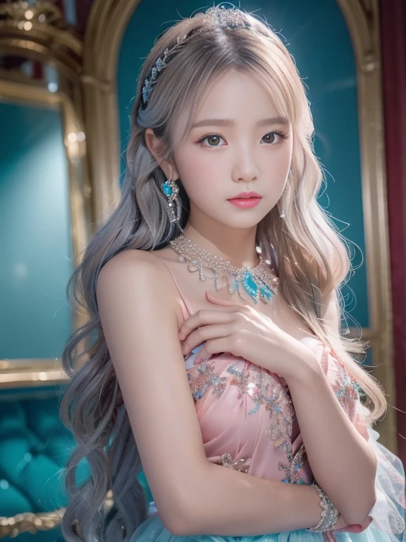 best qualtiy， tmasterpiece， 超高分辨率， （realisticlying：1.5）， RAW photogr， 1girl, silver hair, long hair，hair adornment shoulders，Cold and glamorous，Raised sexy，Cyan and pink tulle dress, Detailed scenes, amazing pose, Eye-catching accessories, Picturesque