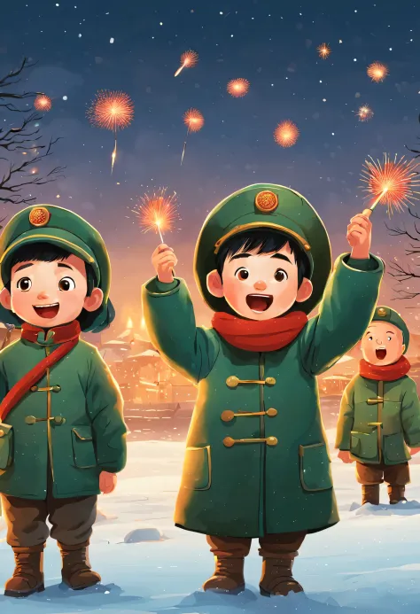 happy children setting off chinese firecrackers，wearing a chinese green military coat，crackling，snow scene in the countryside at...