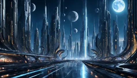 es de noche, on an unknown planet there exists a futuristic city with immense technologically designed buildings that form an in...