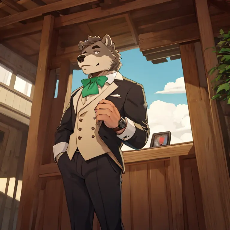 A grey furred grizzly bear with a watch green ascot and tuxedo