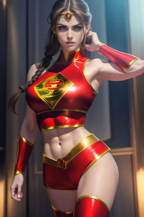 sexy alexandra daddario as a beautiful female superheroine , green eyes,  brown hair, long braided ponytail, red crop shirt, wit...