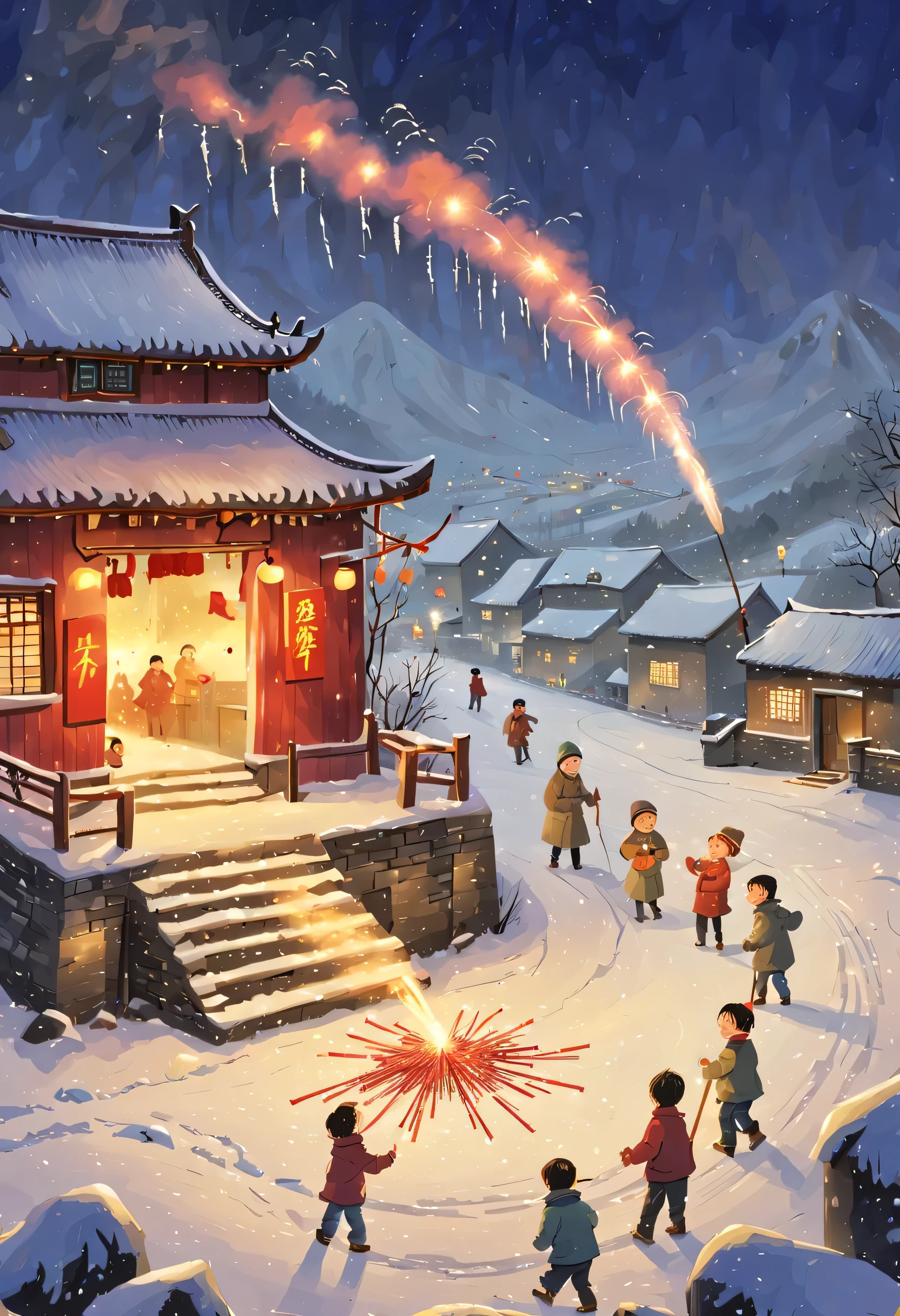 子どもたちが中国の爆竹を鳴らしている，パチパチ音，中国の田舎の雪景色，楽しいお祭りの雰囲気，，ピクサー風，イルミネーション