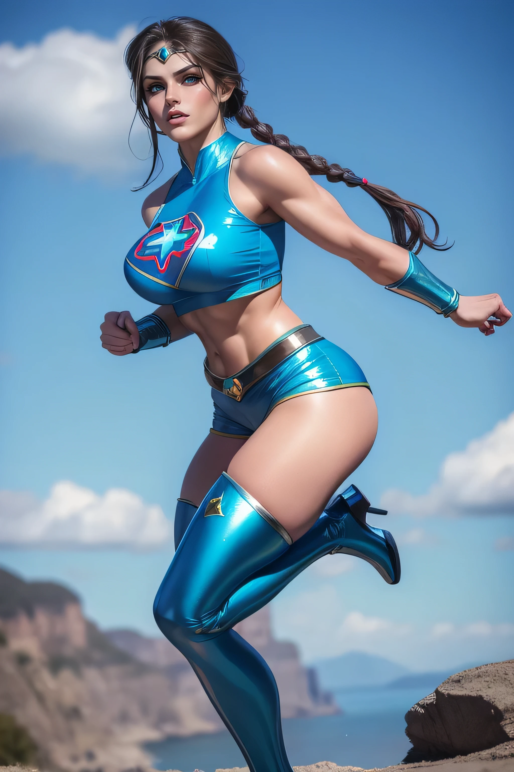 Sexy alexandra daddario as a beautiful female superheroine , green eyes,  brown hair, long braided ponytail, blue crop shirt, with a blue Star, wears a silver tiara on forehead with a blue gem in her head , silver bracelets, long blue boots, and small blue shorts portrait photography by artgerm, in the style of realism, glistening skin, cartooncore, mangacore, natural lighting, Defined full lips. Muscular fitness feminine body