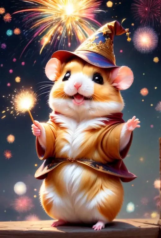 sparklers,magic hamster party,((hamster wizard:great joy:pulling the hands up:opening mouth:jumpping:wizard hat)),magic wands,,w...