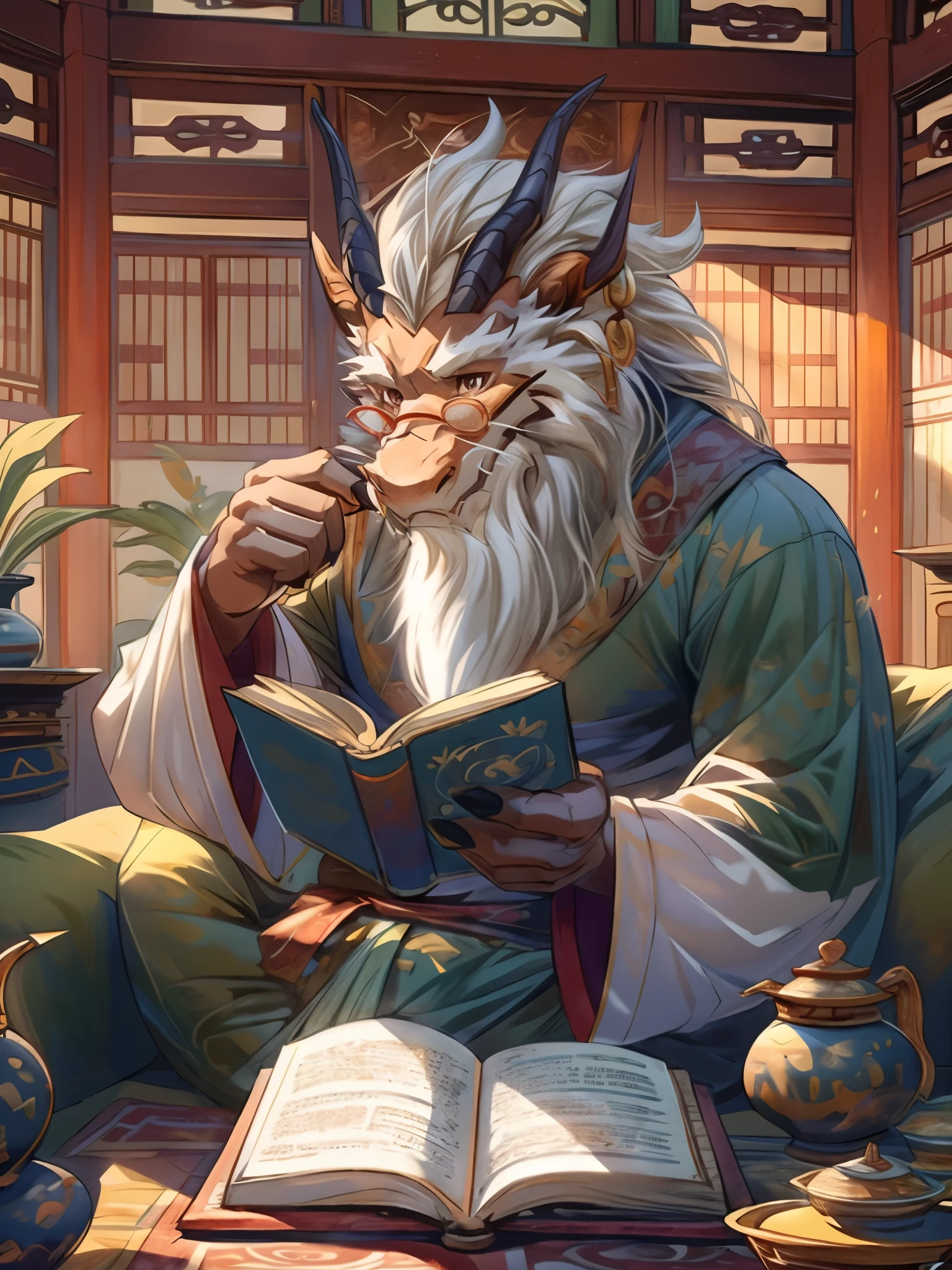 (masterpiece), best quality, A man has a cute face Dragon head and (long beard) in eastern outfit wearing a pair of ((small round glasses)) sits elegantly on the sofa and reading a book, facial hair, happly, peaceful, wide sleeves, long sleeves, long, buckhorn, eastern styled room,close-up, looking_at_viewer